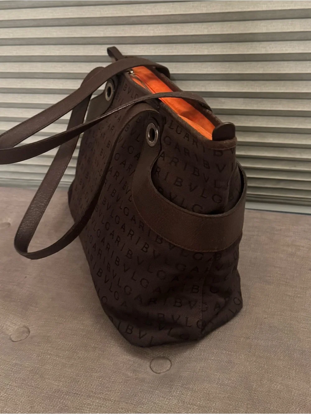 BVLGARI Brown Logo Monogram Tote with Leather Trim